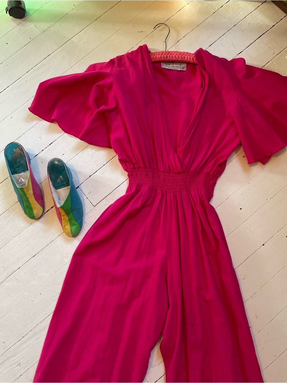 Fuchsia Wrap-Front Women's 100%Cotton Jumpsuit Butterfly Sleeves Wide CroppedLeg
